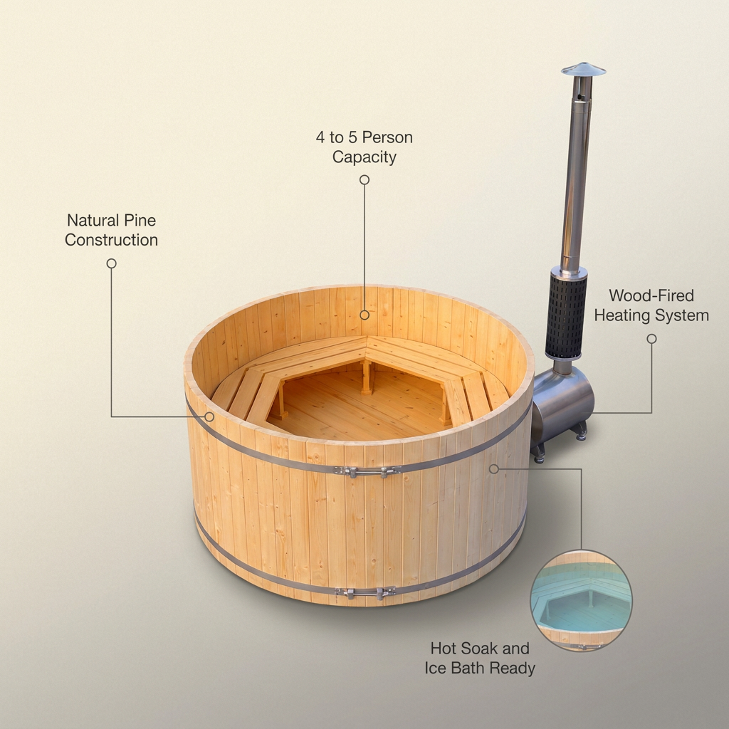 PEWSHTUB Pine Hot Tub and Ice Bath 4-5 Person with Wood-Fired Heater — Lifestyle