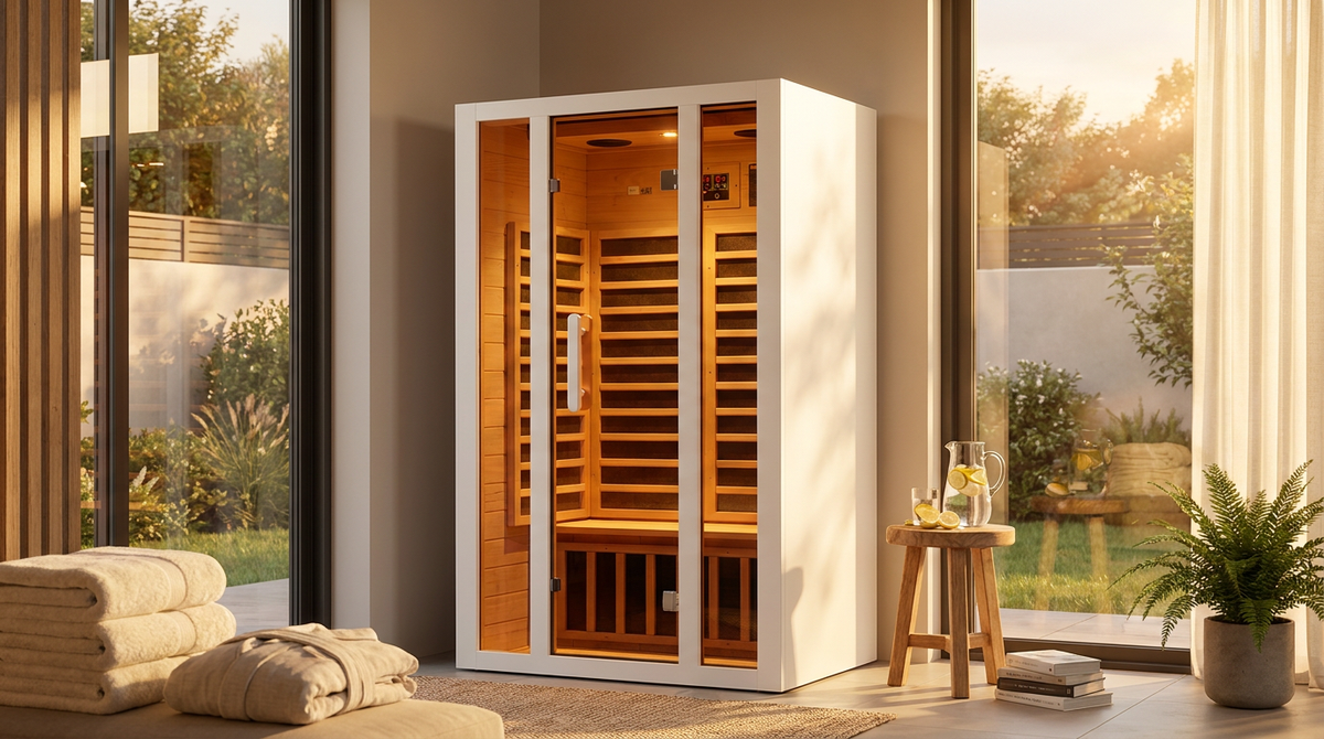 2 Person Extendable FAR Infrared Sauna for Home, Hemlock Wood Low EMF 6 Carbon Heaters Indoor Saunas with LED Lights, Bluetooth Speaker, Digital Control Panel, and Seating Bench — Lifestyle