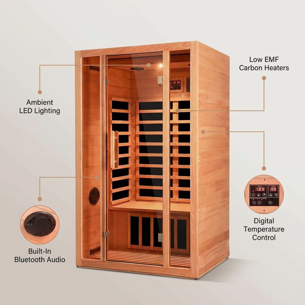 2 Person Extendable FAR Infrared Sauna for Home, Hemlock Wood Low EMF 6 Carbon Heaters Indoor Saunas with LED Lights, Bluetooth Speaker, Digital Control Panel, and Seating Bench — Lifestyle