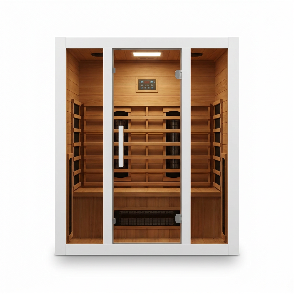 2 Person Extendable FAR Infrared Sauna for Home, Hemlock Wood Low EMF 6 Carbon Heaters Indoor Saunas with LED Lights, Bluetooth Speaker, Digital Control Panel, and Seating Bench — Studio Shot