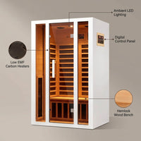 2 Person Extendable FAR Infrared Sauna for Home, Hemlock Wood Low EMF 6 Carbon Heaters Indoor Saunas with LED Lights, Bluetooth Speaker, Digital Control Panel, and Seating Bench — Feature Infographic