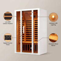2 Person Extendable FAR Infrared Sauna for Home, Hemlock Wood Low EMF 6 Carbon Heaters Indoor Saunas with LED Lights, Bluetooth Speaker, Digital Control Panel, and Seating Bench — Feature Infographic